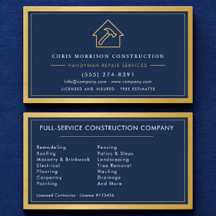 Tarjeta De Visita Metal Moderno Mano de Obra Azul Marino Dorado