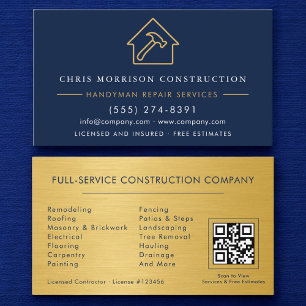 Tarjeta De Visita Metal Oro Azul Marino Código QR de Construcción y