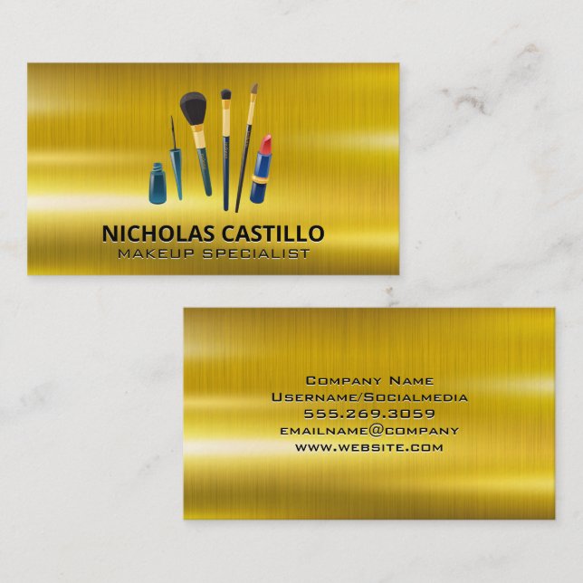 Tarjeta De Visita Metálico de oro | Cepillos de maquillaje (Anverso / Reverso)