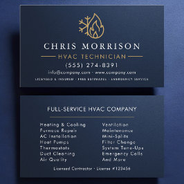 Tarjeta De Visita Metálico HVAC Azul Marino Oro Moderno