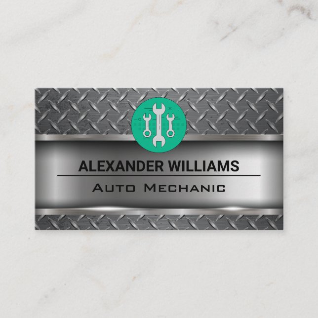 Tarjeta De Visita Metalizado | Acero industrial | Logo de Wrench (Anverso)