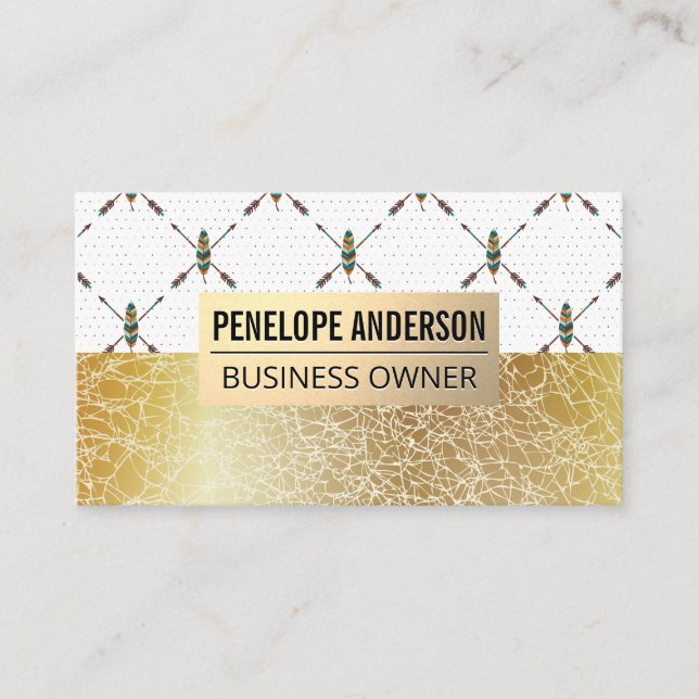 Tarjeta De Visita Metalizado de oro | Patrón bohemio de plumas | Tex (Anverso)