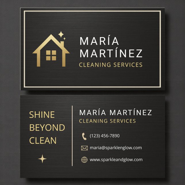 Tarjeta De Visita Metallic Black and Gold House Cleaning Services (Subido por el creador)