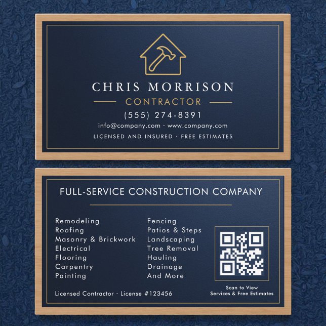 Tarjeta De Visita Metallic Building Construction Navy Blue Gold Wood (Subido por el creador)
