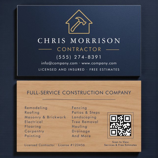 Tarjeta De Visita Metallic Building Construction Navy Blue QR Code (Subido por el creador)