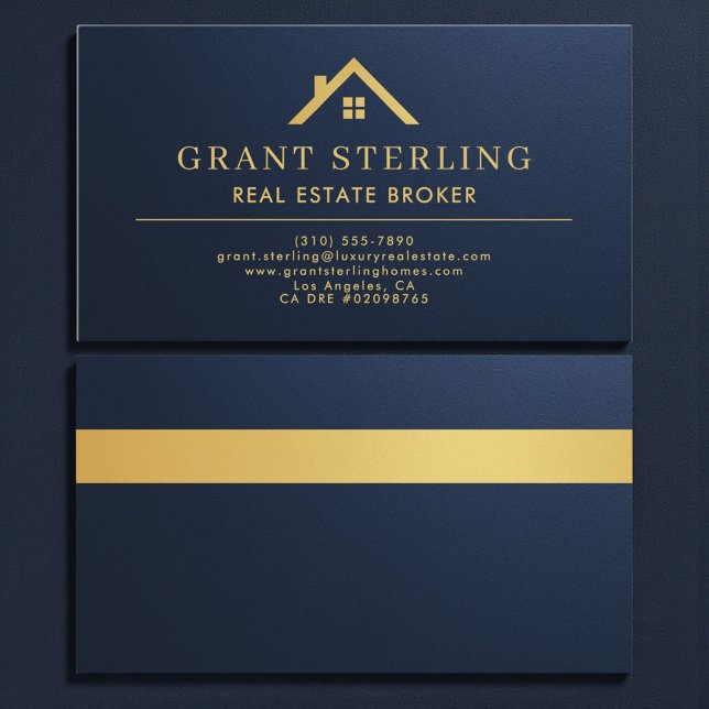Tarjeta De Visita Metallic Navy Blue Gold House Real Estate Broker  (Subido por el creador)
