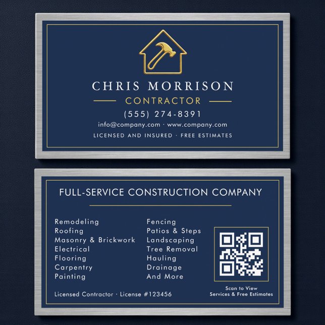 Tarjeta De Visita Metallic QR Code Building Construction Navy Blue (Subido por el creador)