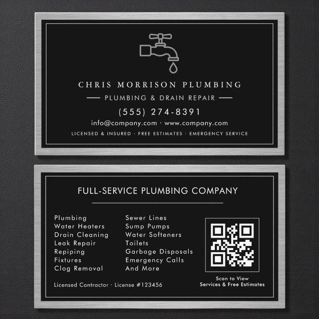 Tarjeta De Visita Metallic QR Code Plumbing Services Black Silver  (Subido por el creador)