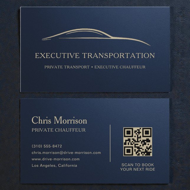 Tarjeta De Visita Metallic Transport Car QR Code Navy Blue & Gold (Subido por el creador)