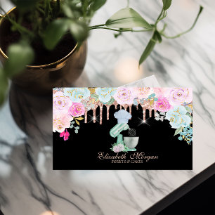 Tarjeta De Visita Mezclador de Acuarela Flores Rosa Dorado Goteo Pan