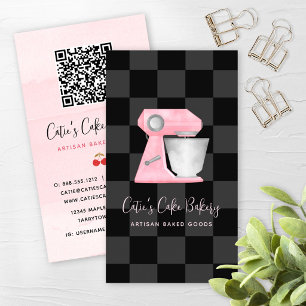 Tarjeta De Visita Mezclador de panadería rosa suave y negro a cuadro