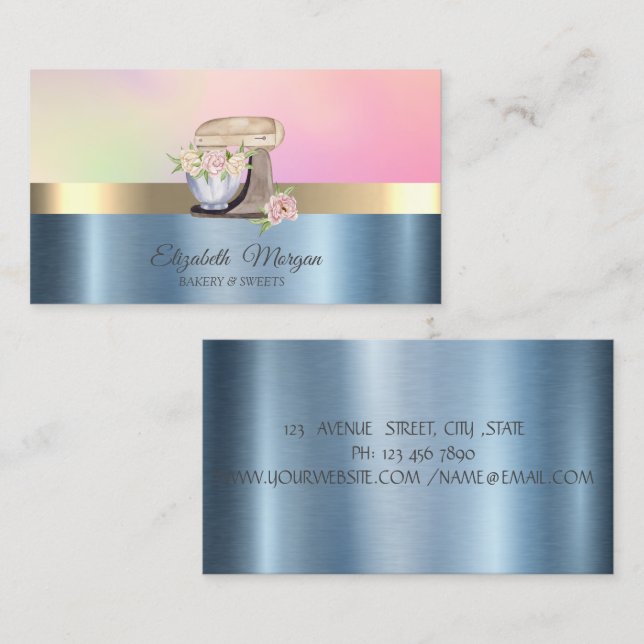 Tarjeta De Visita Mezclador de tartas retro Flor azul metálico (Anverso / Reverso)