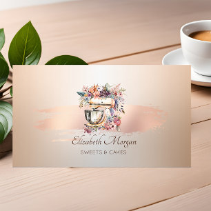 Tarjeta De Visita Mezclador floral rosa dorado pincelada Bakery