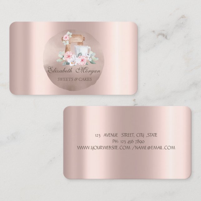 Tarjeta De Visita Mezclador Flores Rosa Dorado Círculo  (Anverso / Reverso)