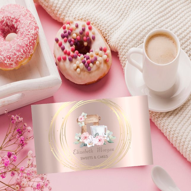 Tarjeta De Visita Mezclador Purpurina de Círculos de Oro Flores Rosa (Subido por el creador)