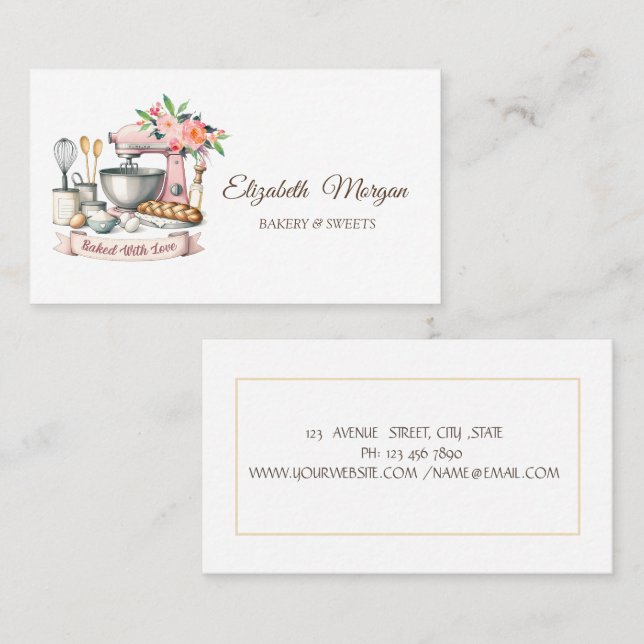 Tarjeta De Visita Mezclador retro de pastelería floral (Anverso / Reverso)