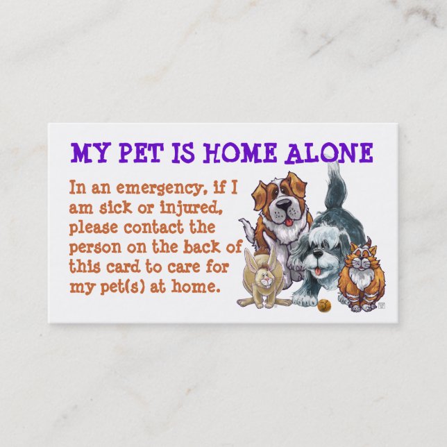 Tarjeta De Visita Mi Mascota está solo en casa (Anverso)