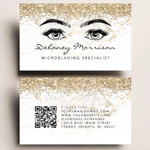Tarjeta De Visita Microblading Código QR Ojos de Mármol Blanco Dorad