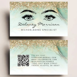 Tarjeta De Visita Microblading Código QR Ojos de Mármol Verde Dorado