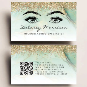 Tarjeta De Visita Microblading Código QR Ojos de Mármol Verde Dorado