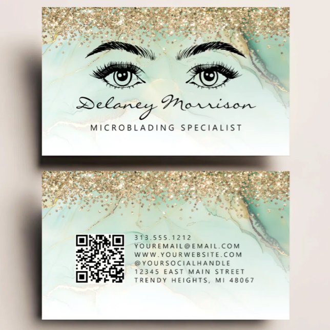 Tarjeta De Visita Microblading Código QR Ojos de Mármol Verde Dorado (Subido por el creador)