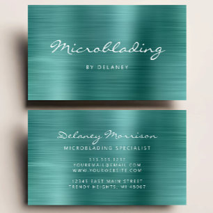 Tarjeta De Visita Microblading de guion de metal cepillado azul teal
