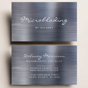 Tarjeta De Visita Microblading de guión de metal cepillado plateado