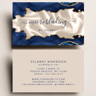 Tarjeta De Visita Microblading de Lujo Azul Marinho Oro Ágata Marfil