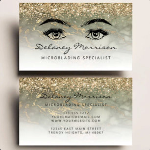 Tarjeta De Visita Microblading de ojos con brillo de oro y mármol ve