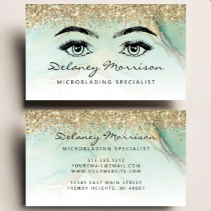 Tarjeta De Visita Microblading de ojos con brillo dorado y mármol ve