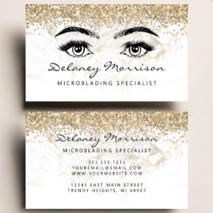 Tarjeta De Visita Microblading Ojos Brillantes Mármol Blanco y Dorad