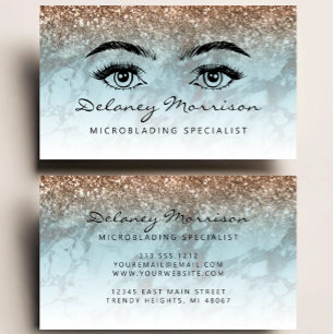 Tarjeta De Visita Microblading Ojos Glitter Bronce Mármol Turquesa