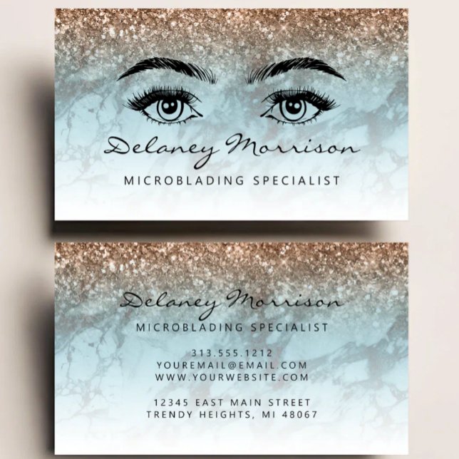 Tarjeta De Visita Microblading Ojos Glitter Bronce Mármol Turquesa (Subido por el creador)