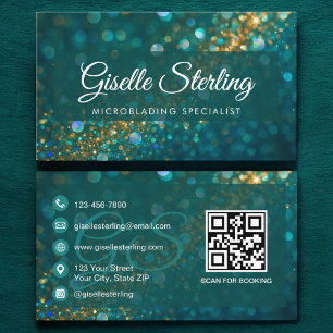 Tarjeta De Visita Microblading Verde azulado Gold Purpurina QR Code 