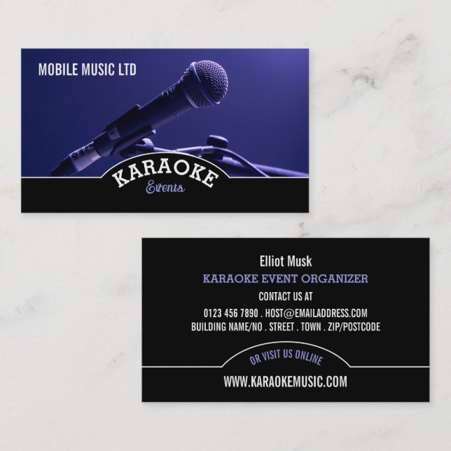 Tarjeta De Visita Micrófono azul, organizador de eventos Karaoke (Anverso / Reverso)