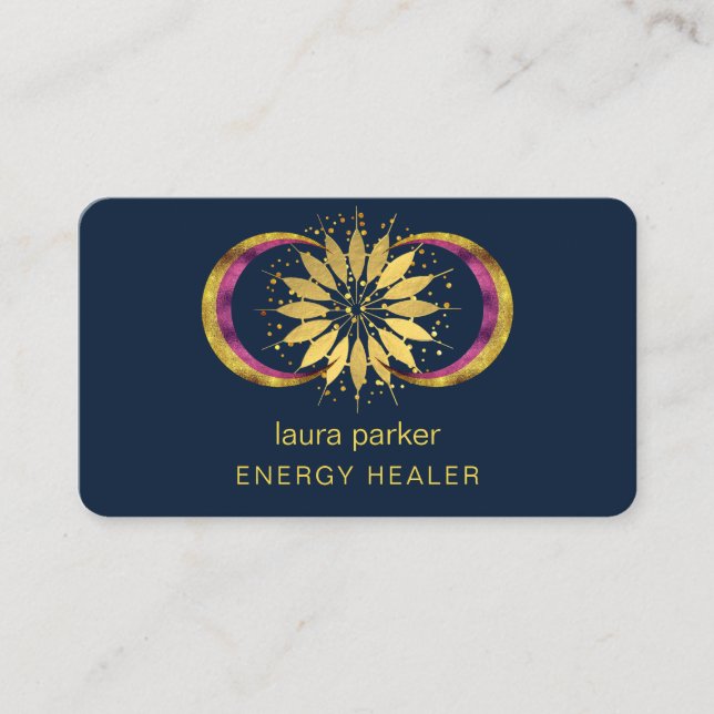 Tarjeta De Visita Micrófono de flores Lotus Moon Crescent Reiki Heal (Anverso)