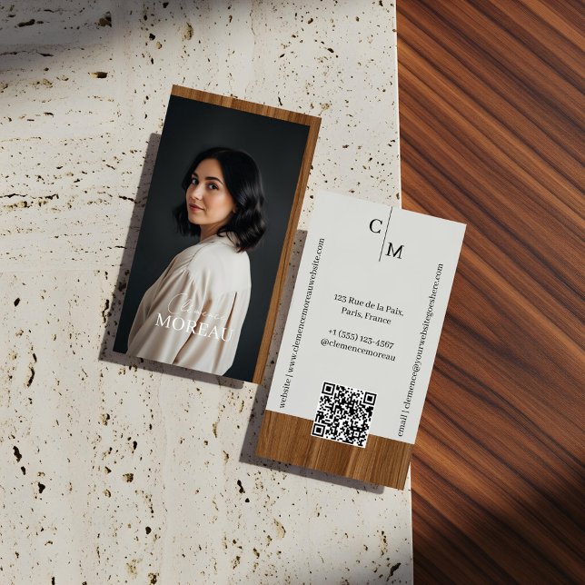 Tarjeta De Visita Mid-century Modern Minimal Woodgrain Photo QR Code (Mid-century Modern Minimal Woodgrain Photo QR Code Business Card)