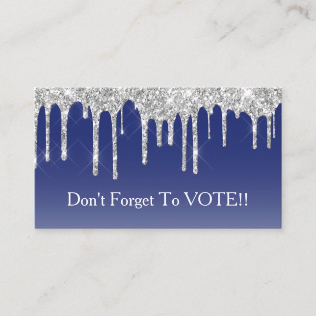Tarjeta De Visita Midnight Blue Silver Glitter Drip Vote Reminder (Anverso)