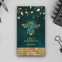 Tarjeta De Visita Miel Abeja Brillante Dorado Turquesa Apicultor