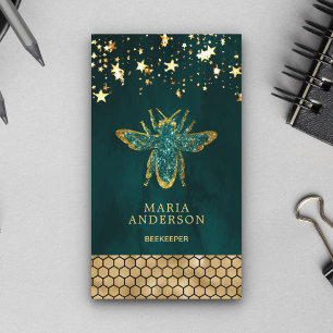 Tarjeta De Visita Miel Abeja Brillante Dorado Turquesa Apicultor