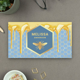 Tarjeta De Visita Miel que gotea Azul Dorado Panal Abeja Melífera