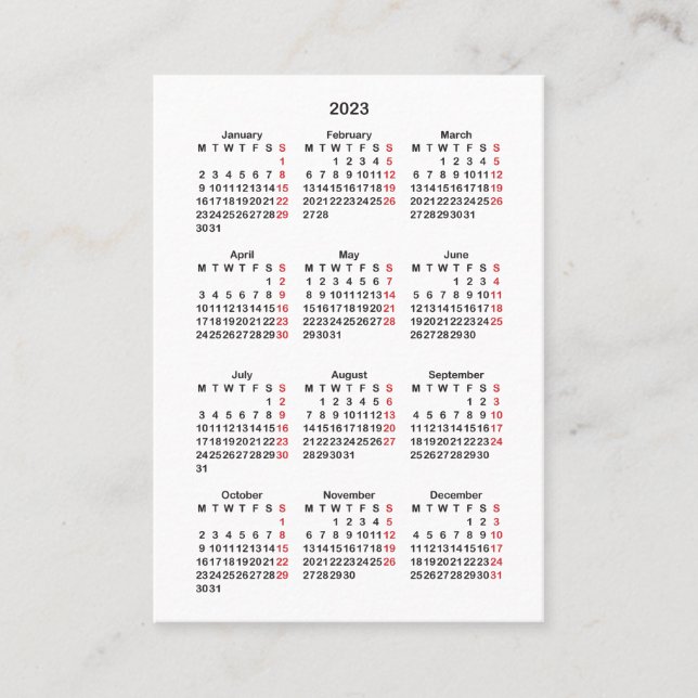 Tarjeta De Visita Mini calendario de inicio de lunes de 2023  (Anverso)