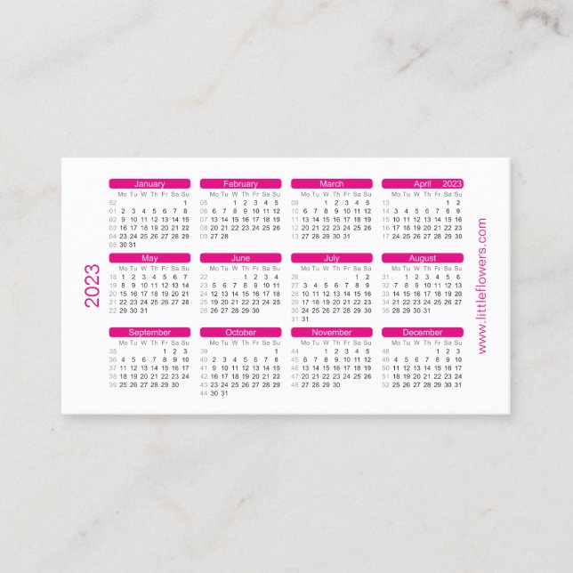 Tarjeta De Visita Mini Calendario rosa 2023 con plantilla de logotip (Anverso)