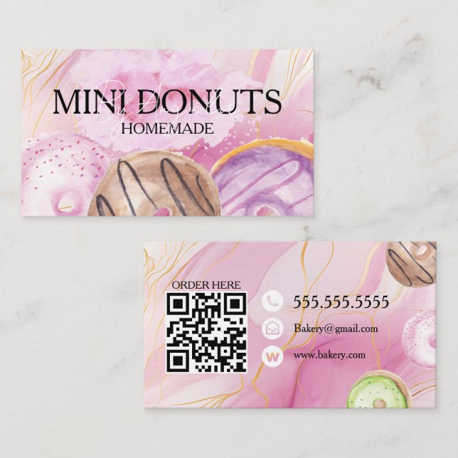 Tarjeta De Visita Mini Donuts Baker Bakery Treats Watercolor (Anverso / Reverso)