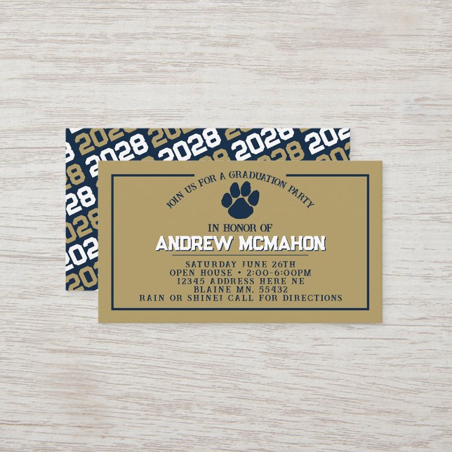 Tarjeta De Visita Mini graduación de Marina y Oro Pawprint invita (Navy Blue & Gold Pawprint Mini Graduation Invites for Friends, Team Mates or as Inserts!)