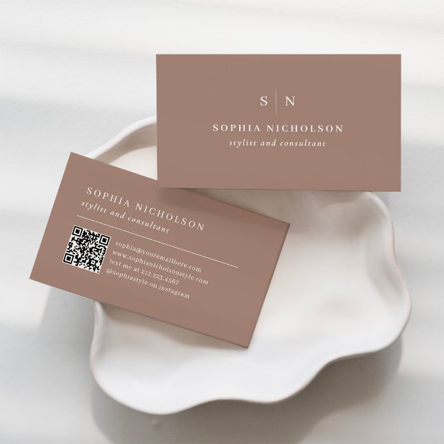 Tarjeta De Visita Minimal and Chic | Taupe Monogram and QR Code (Subido por el creador)