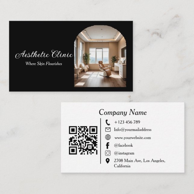 Tarjeta De Visita Minimal Arch Aesthetic Clinic QR Code Black White (Anverso / Reverso)
