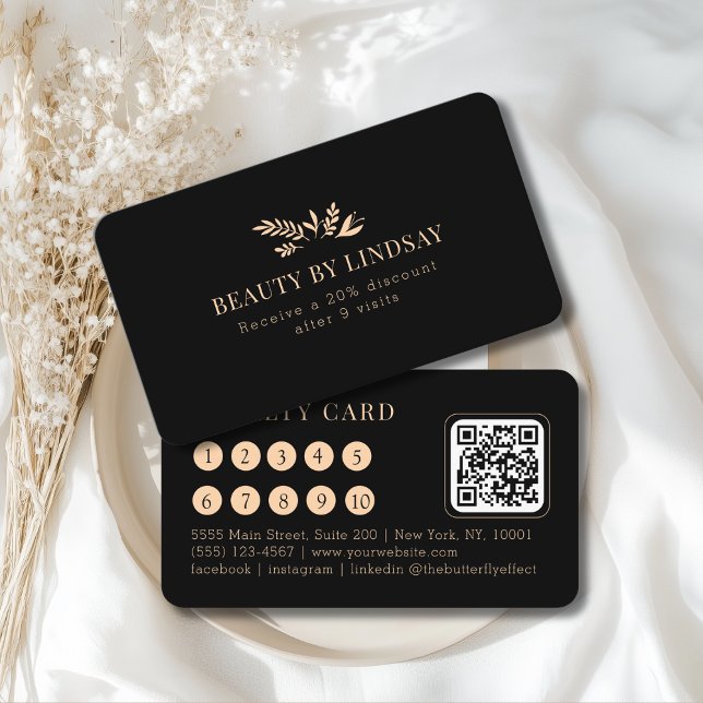 Tarjeta De Visita Minimal Black Botanical Salon QR-Code Loyalty (Minimal Black Botanical Salon QR-Code Loyalty Business Card)
