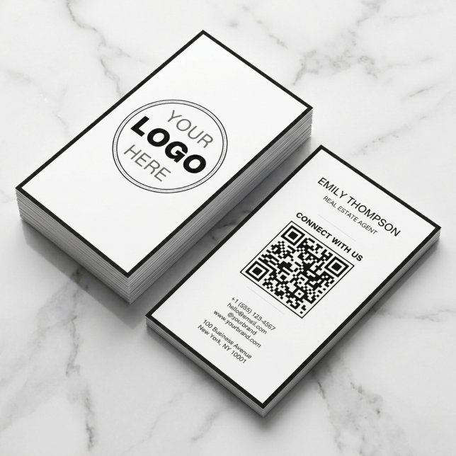 Tarjeta De Visita Minimal Black White Modern QR Code Logo (Modern Minimalist Black & White QR Code Business Card)
