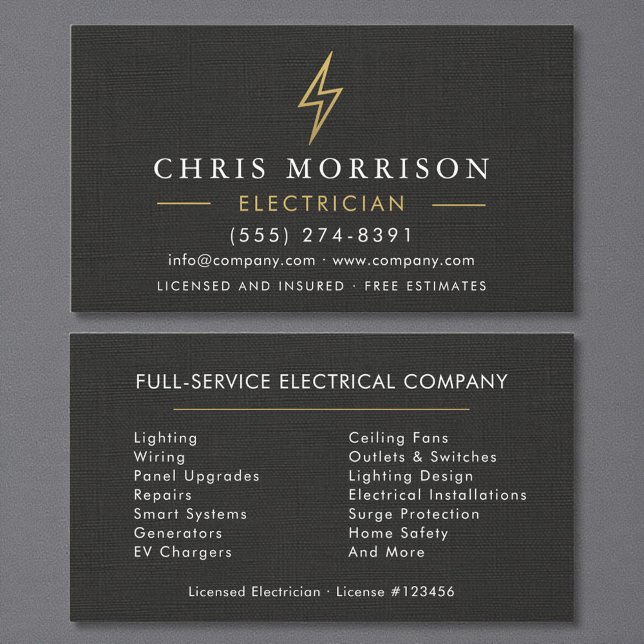 Tarjeta De Visita Minimal Electrician Black Gold Linen (Subido por el creador)